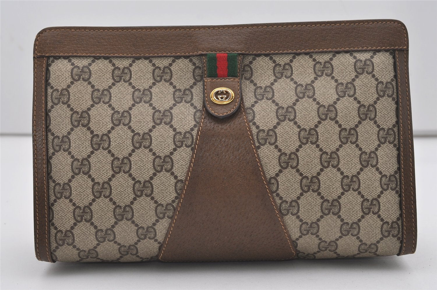 Authentic GUCCI Web Sherry Line Clutch Hand Bag Purse GG PVC Leather Brown 9661I