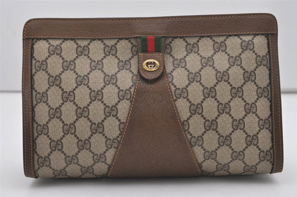 Authentic GUCCI Web Sherry Line Clutch Hand Bag Purse GG PVC Leather Brown 9661I