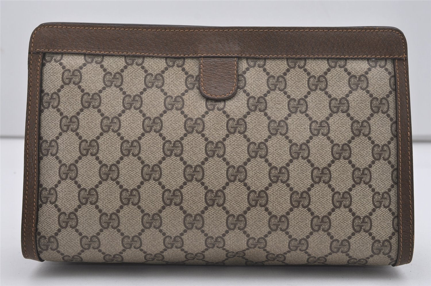 Authentic GUCCI Web Sherry Line Clutch Hand Bag Purse GG PVC Leather Brown 9661I