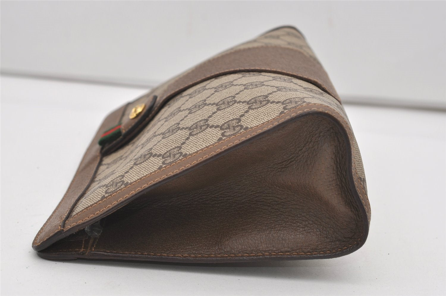 Authentic GUCCI Web Sherry Line Clutch Hand Bag Purse GG PVC Leather Brown 9661I