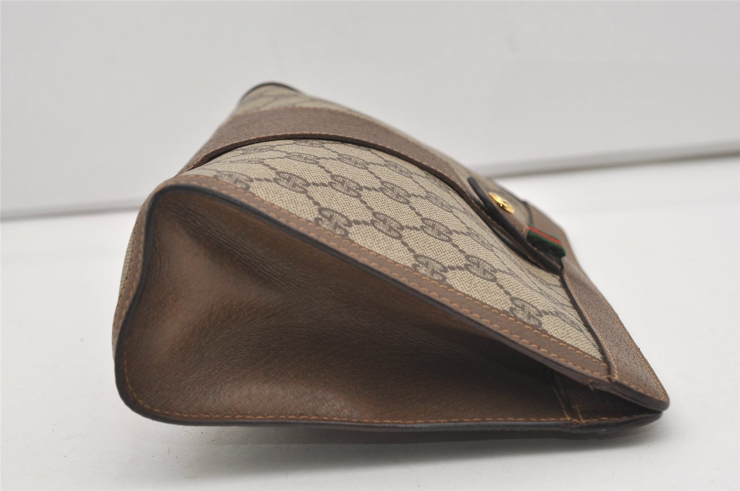 Authentic GUCCI Web Sherry Line Clutch Hand Bag Purse GG PVC Leather Brown 9661I