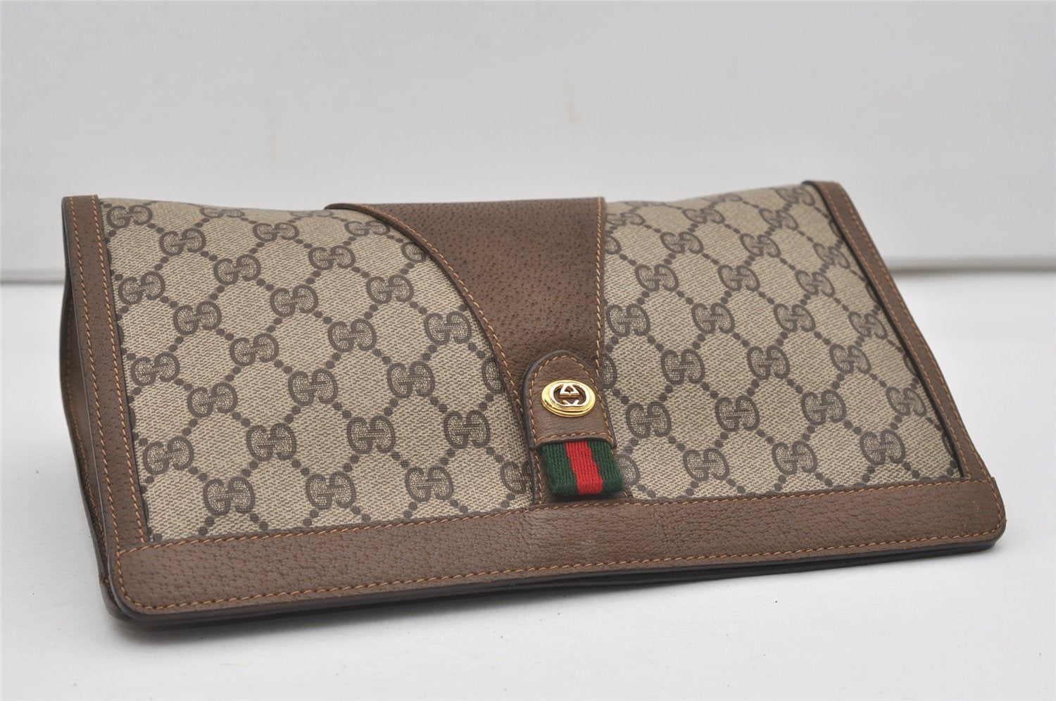 Authentic GUCCI Web Sherry Line Clutch Hand Bag Purse GG PVC Leather Brown 9661I