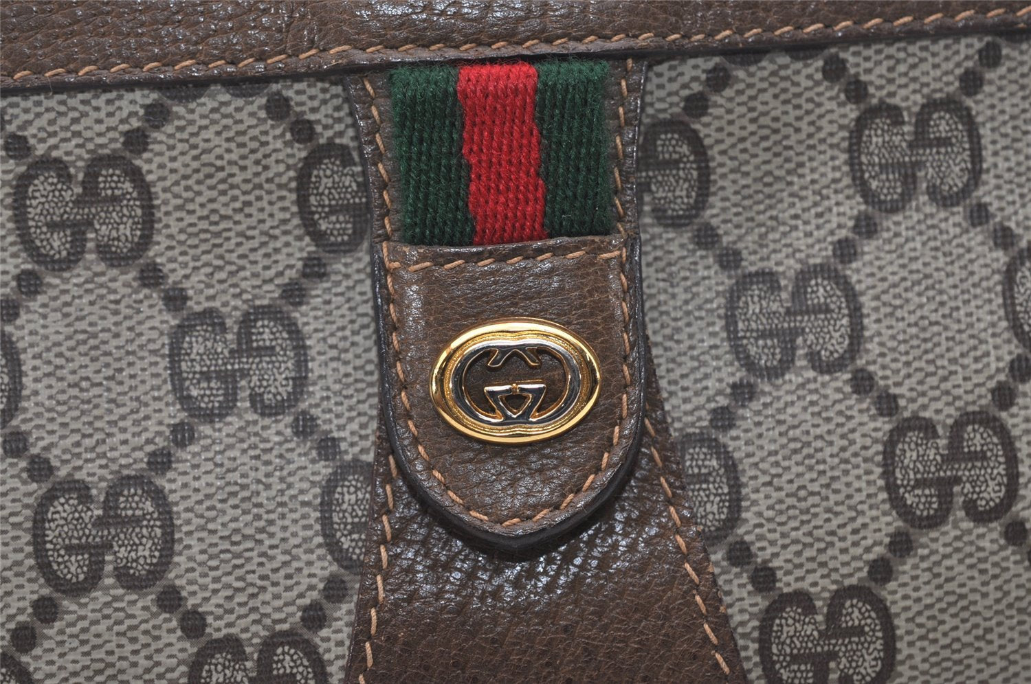 Authentic GUCCI Web Sherry Line Clutch Hand Bag Purse GG PVC Leather Brown 9661I