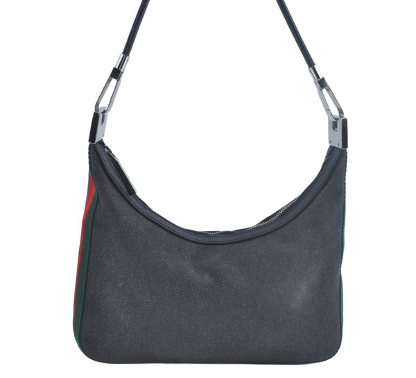 Authentic GUCCI Web Sherry Line Shoulder Bag Canvas Leather 01233 Black 9664I