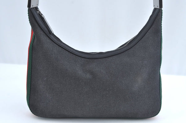 Authentic GUCCI Web Sherry Line Shoulder Bag Canvas Leather 01233 Black 9664I