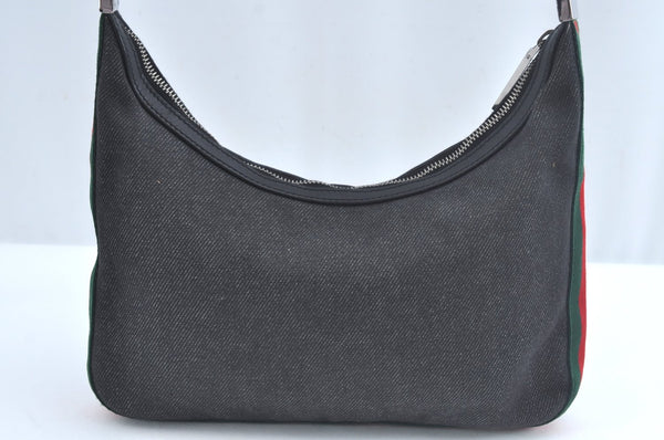 Authentic GUCCI Web Sherry Line Shoulder Bag Canvas Leather 01233 Black 9664I