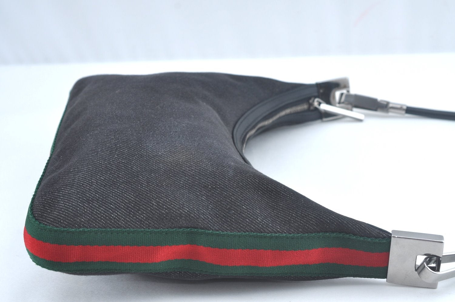 Authentic GUCCI Web Sherry Line Shoulder Bag Canvas Leather 01233 Black 9664I
