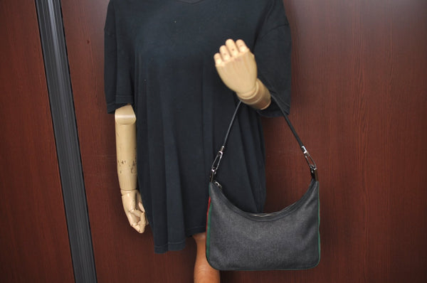 Authentic GUCCI Web Sherry Line Shoulder Bag Canvas Leather 01233 Black 9664I