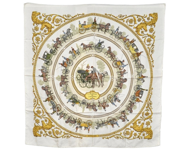 Authentic HERMES Carre 90 Scarf "LA PROMENADE DE LONGCHAMPS" Silk White 9670J