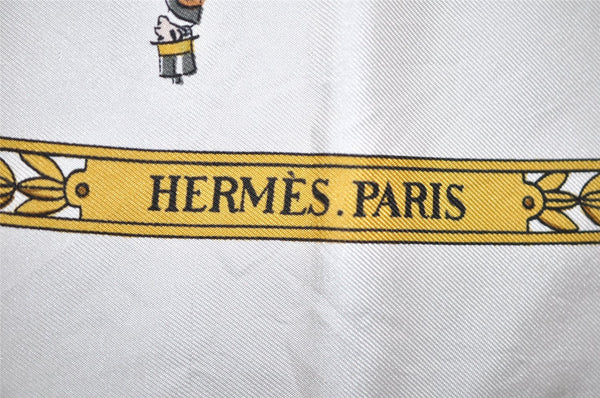 Authentic HERMES Carre 90 Scarf "LA PROMENADE DE LONGCHAMPS" Silk White 9670J