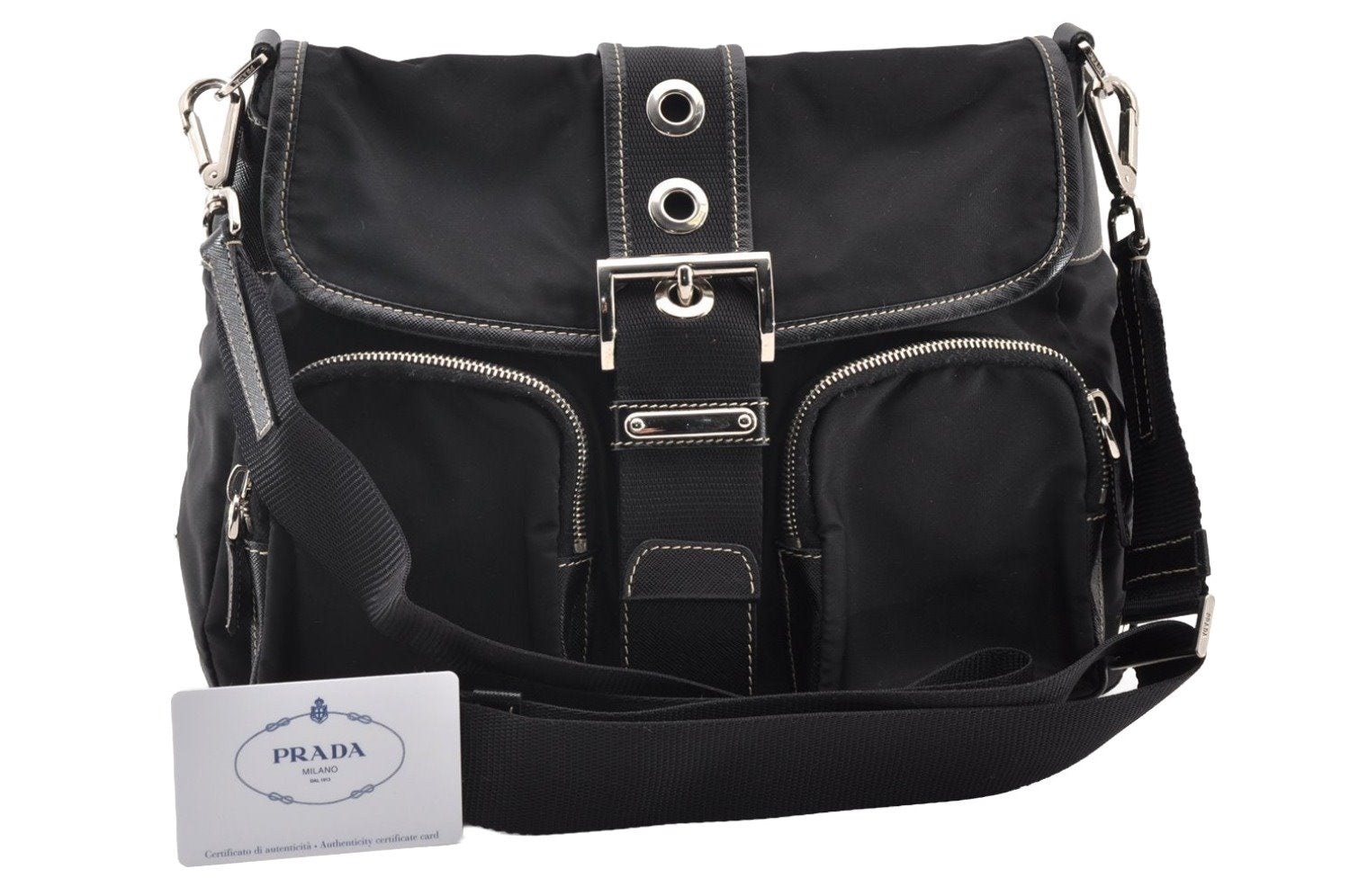 Authentic PRADA Nylon Tessuto Leather Shoulder Cross Body Bag VA0768 Black 9671I