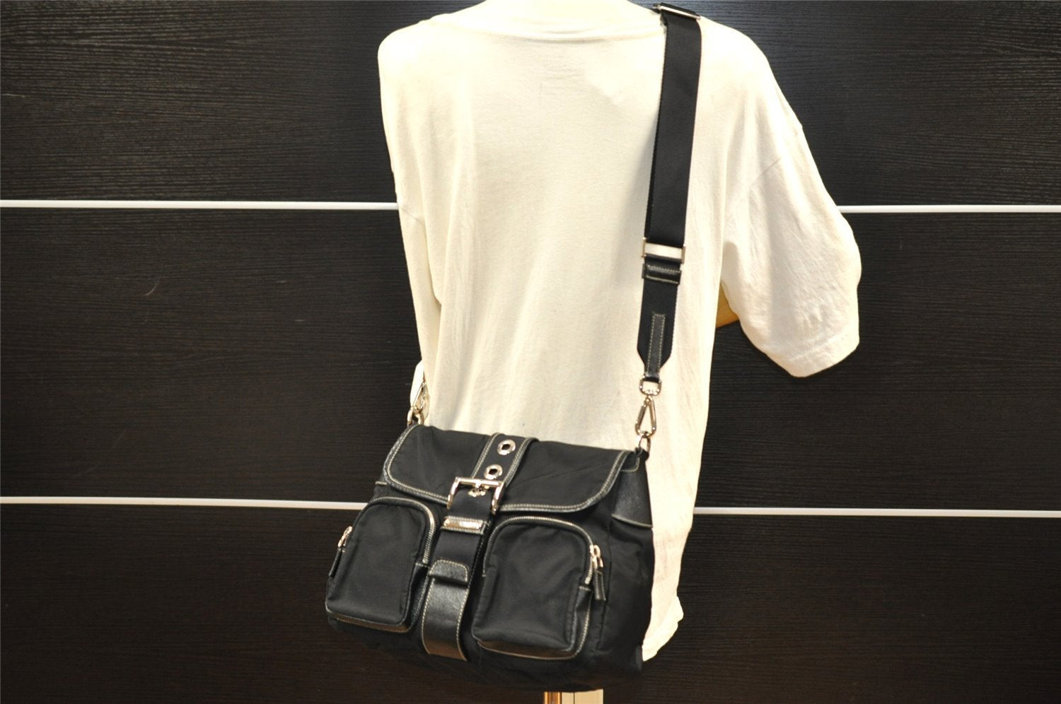 Authentic PRADA Nylon Tessuto Leather Shoulder Cross Body Bag VA0768 Black 9671I