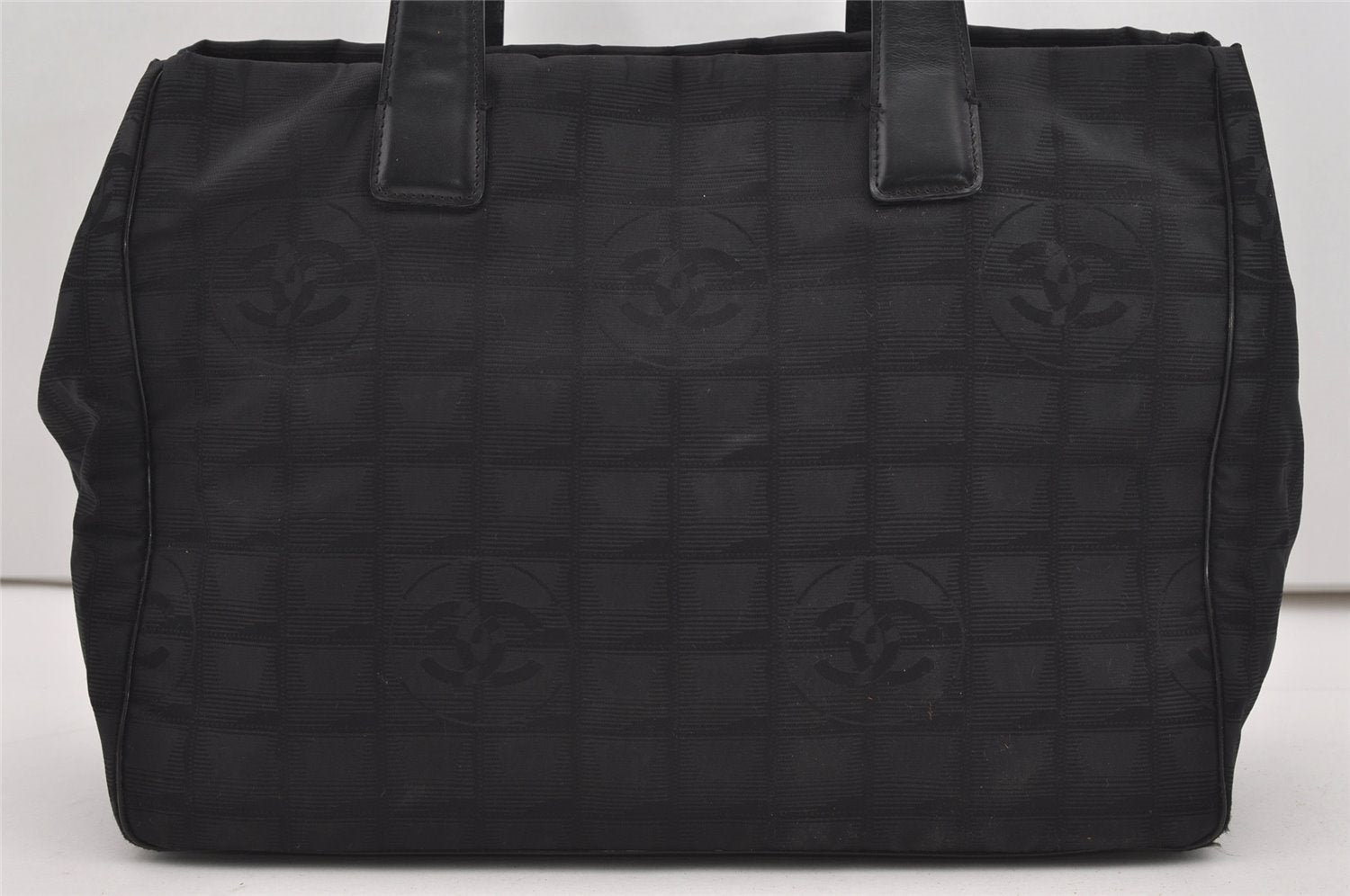 Authentic CHANEL New Travel Line Shoulder Tote Bag Nylon Leather Black 9676I