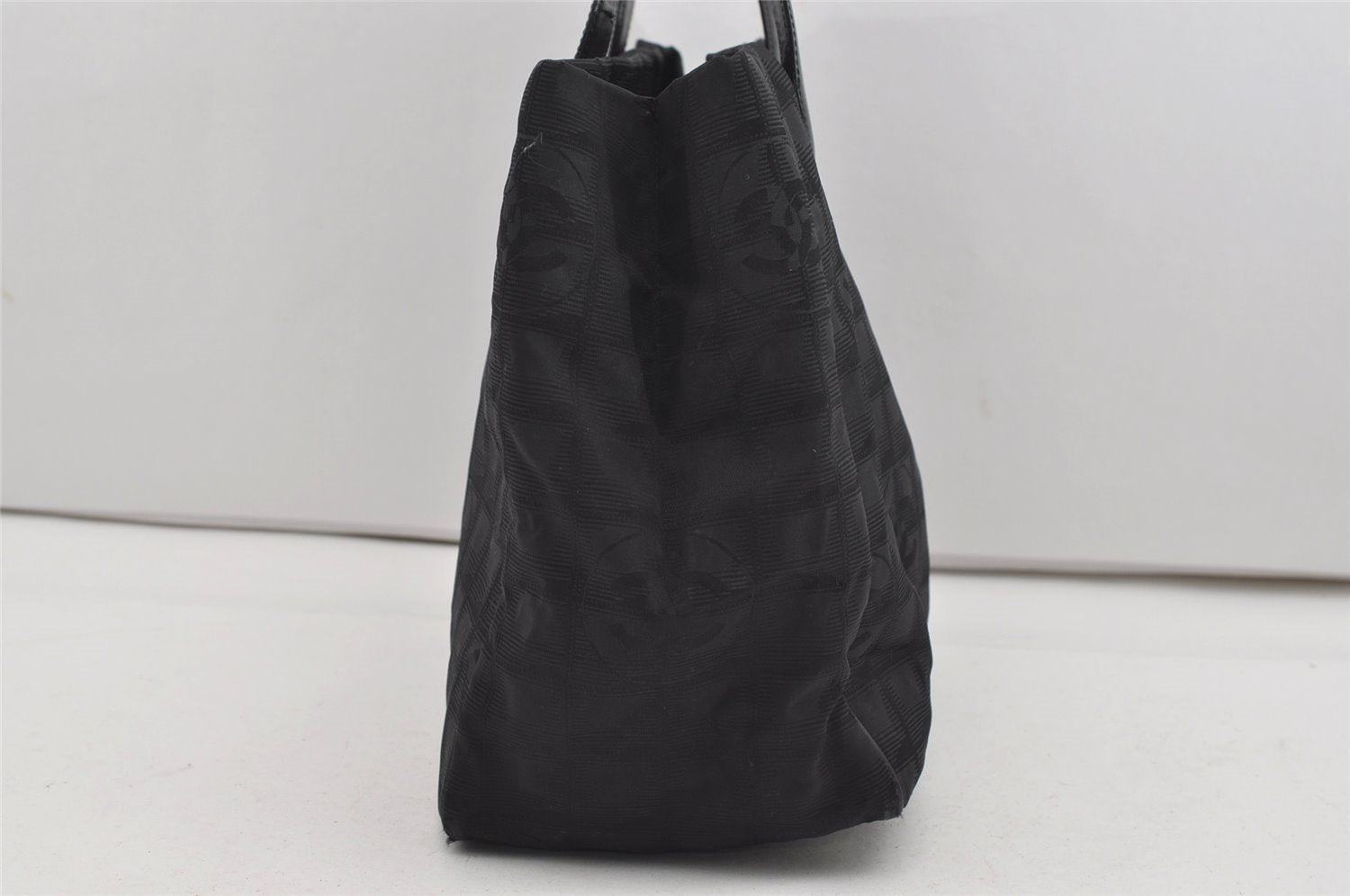 Authentic CHANEL New Travel Line Shoulder Tote Bag Nylon Leather Black 9676I