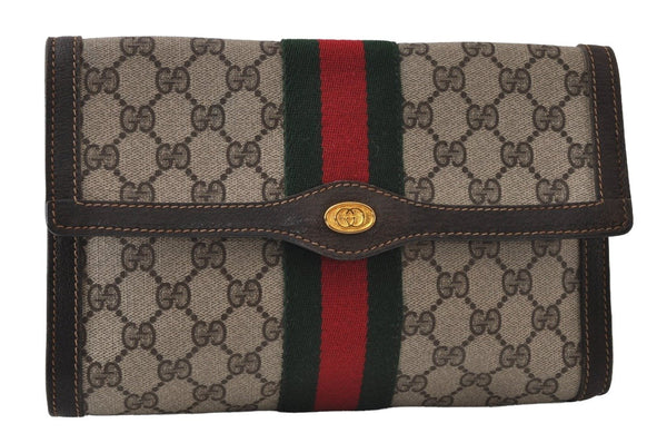 Authentic GUCCI Web Sherry Line Clutch Hand Bag GG PVC Leather Brown Junk 9677I
