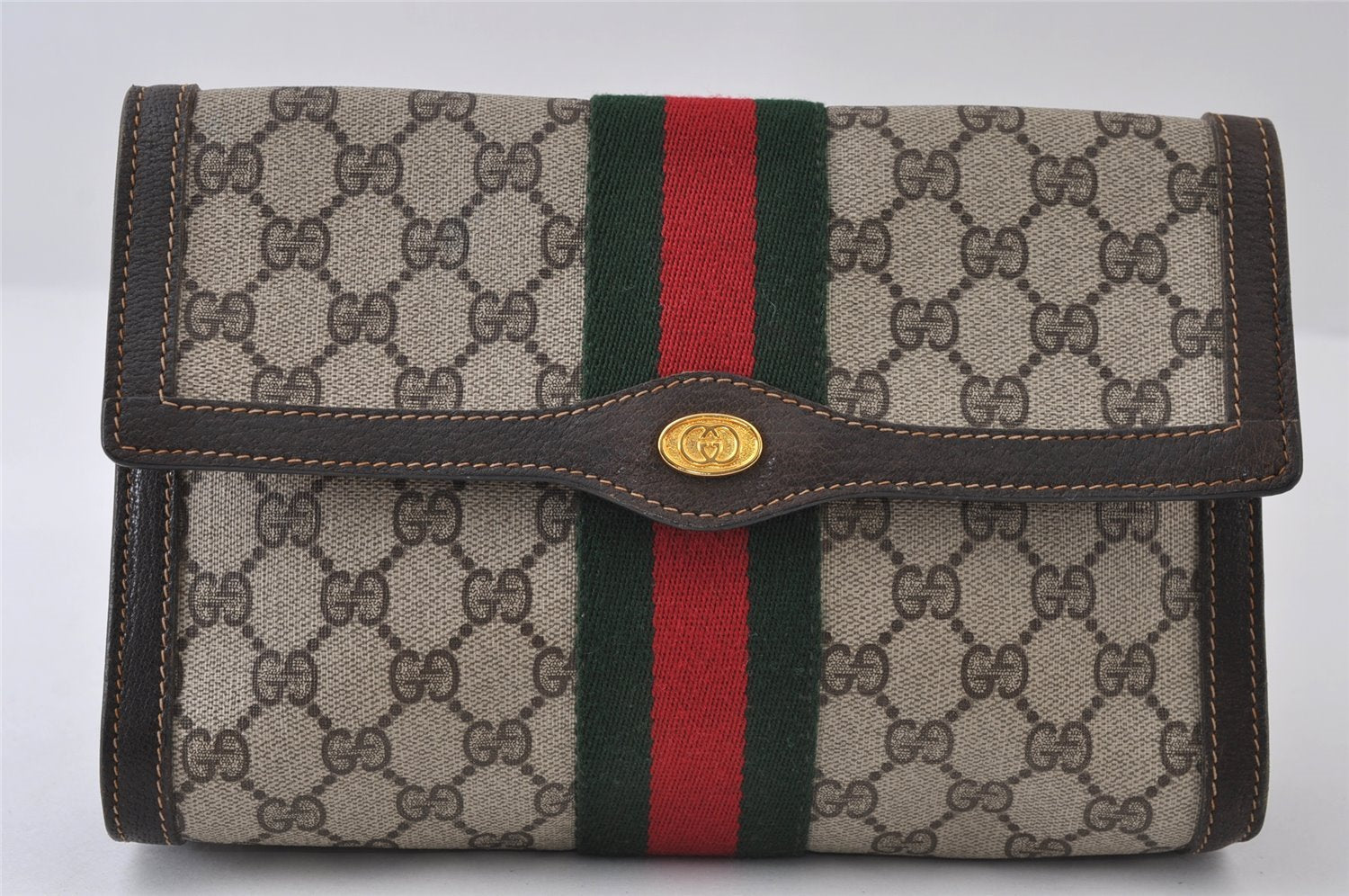 Authentic GUCCI Web Sherry Line Clutch Hand Bag GG PVC Leather Brown Junk 9677I