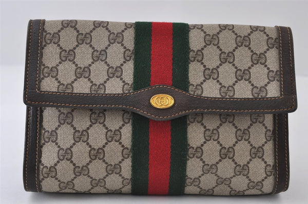 Authentic GUCCI Web Sherry Line Clutch Hand Bag GG PVC Leather Brown Junk 9677I