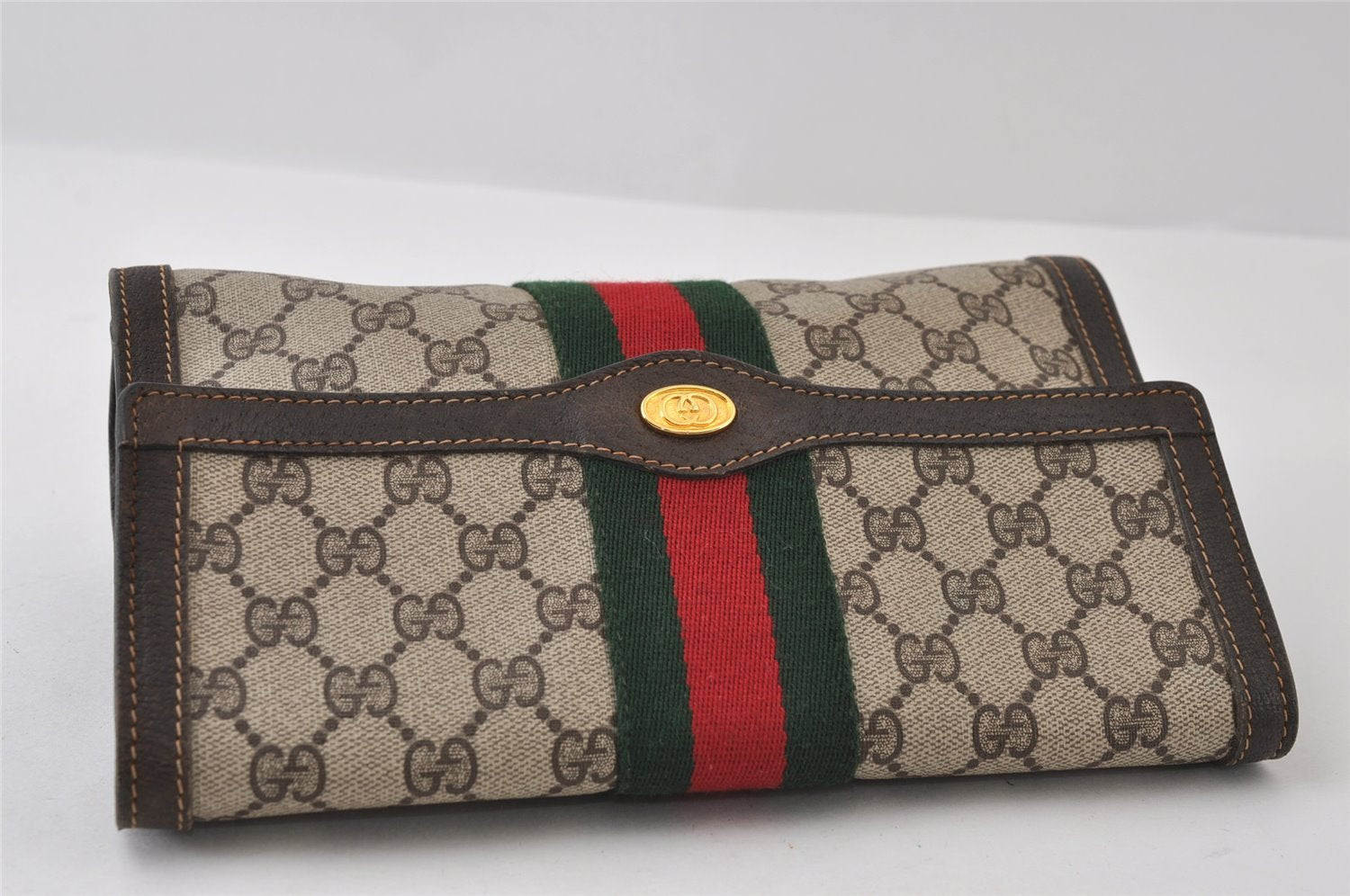 Authentic GUCCI Web Sherry Line Clutch Hand Bag GG PVC Leather Brown Junk 9677I