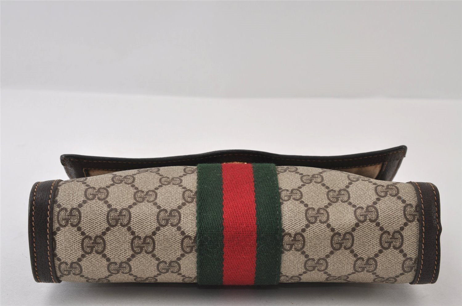 Authentic GUCCI Web Sherry Line Clutch Hand Bag GG PVC Leather Brown Junk 9677I