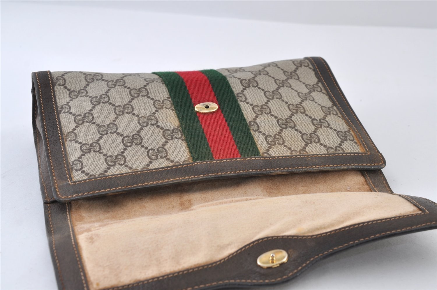 Authentic GUCCI Web Sherry Line Clutch Hand Bag GG PVC Leather Brown Junk 9677I