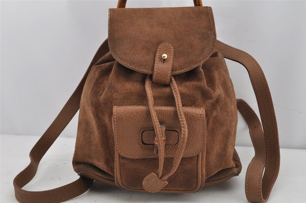 Authentic GUCCI Vintage Bamboo Drawstring Backpack Suede Leather Brown 9679J