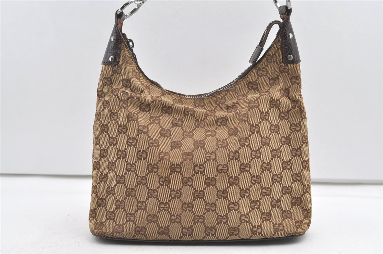 Authentic GUCCI Vintage Shoulder Bag Purse GG Canvas Leather 115003 Brown 9681J