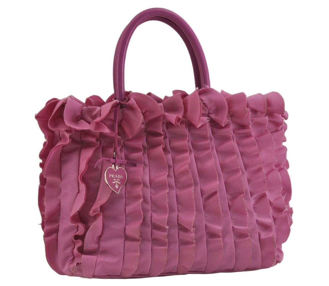 Authentic PRADA Frill Nylon Tessuto Leather Tote Hand Bag Pink 9683J
