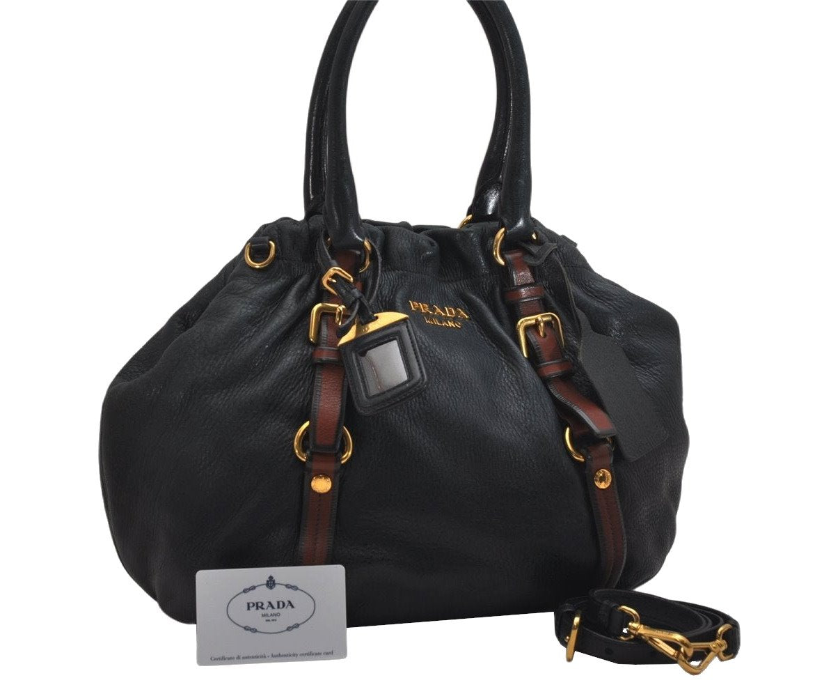 Authentic PRADA Leather Nappa 2Way Shoulder Tote Bag BN1773 Navy Blue 9720J