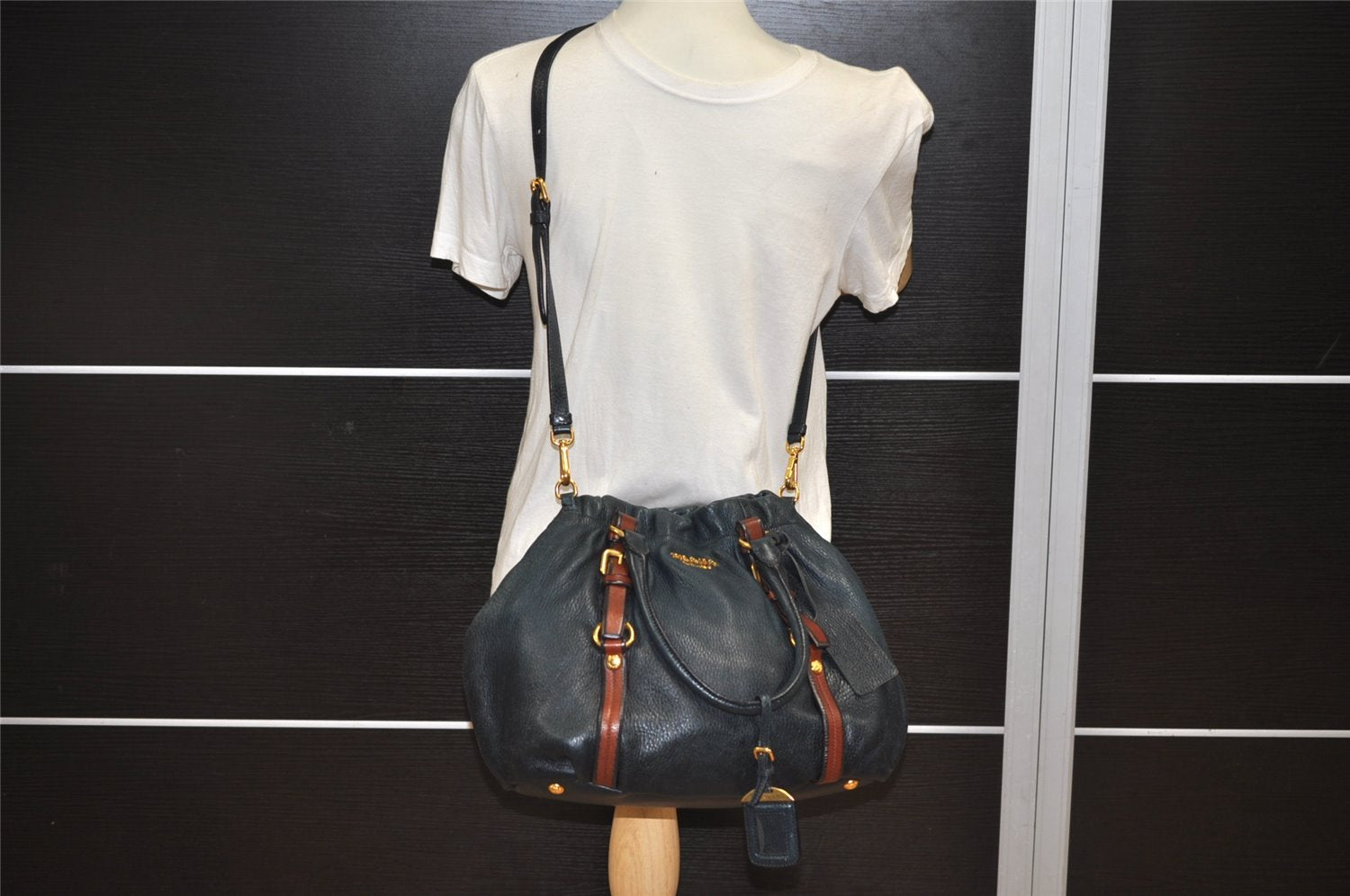Authentic PRADA Leather Nappa 2Way Shoulder Tote Bag BN1773 Navy Blue 9720J