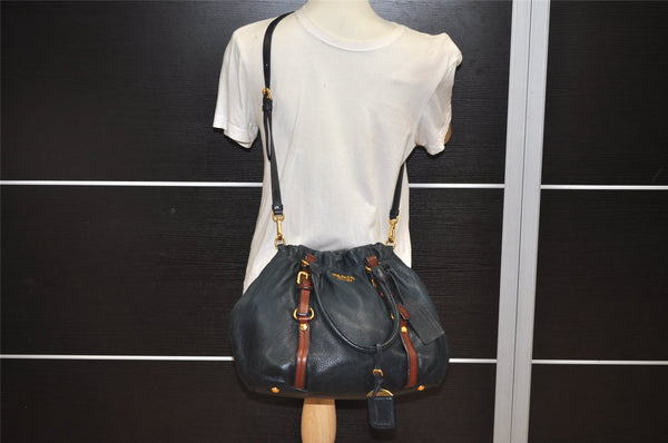 Authentic PRADA Leather Nappa 2Way Shoulder Tote Bag BN1773 Navy Blue 9720J