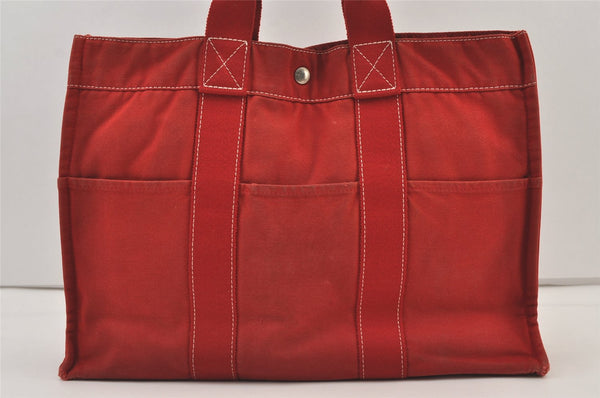 Authentic HERMES Deauville MM Vintage Hand Tote Bag Canvas Red 9724J