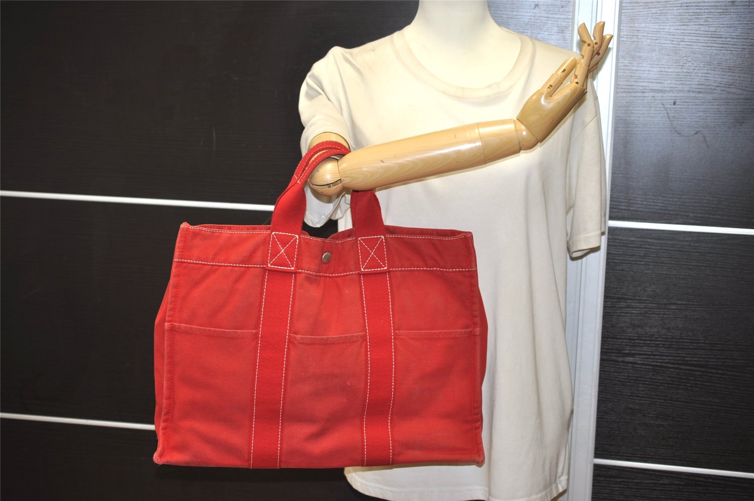 Authentic HERMES Deauville MM Vintage Hand Tote Bag Canvas Red 9724J