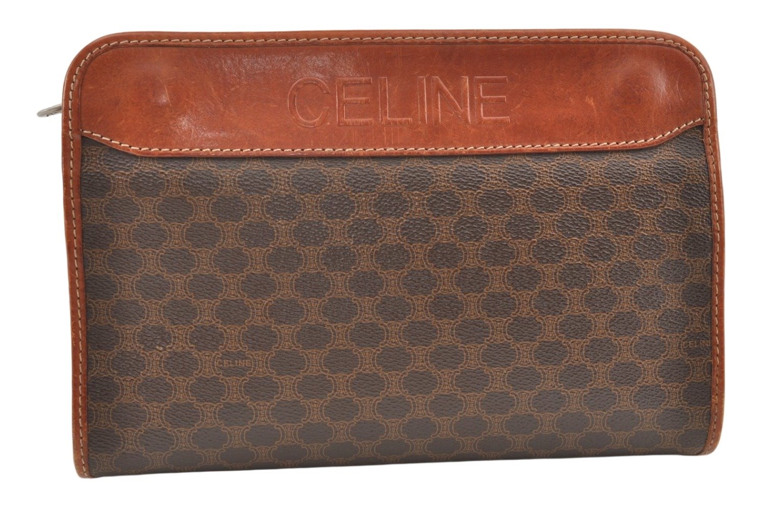 Authentic CELINE Macadam Blason Pattern Clutch Hand Bag PVC Leather Brown 9733J