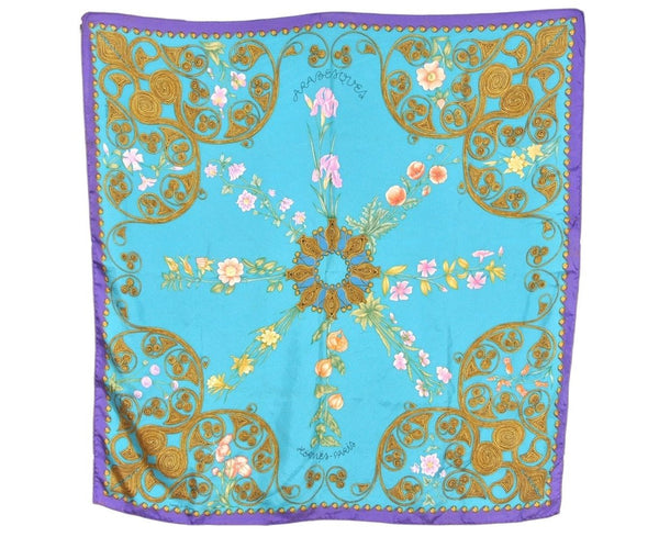 Authentic HERMES Carre 90 Scarf "ARABESQUES" Silk Purple Light Blue 9734J