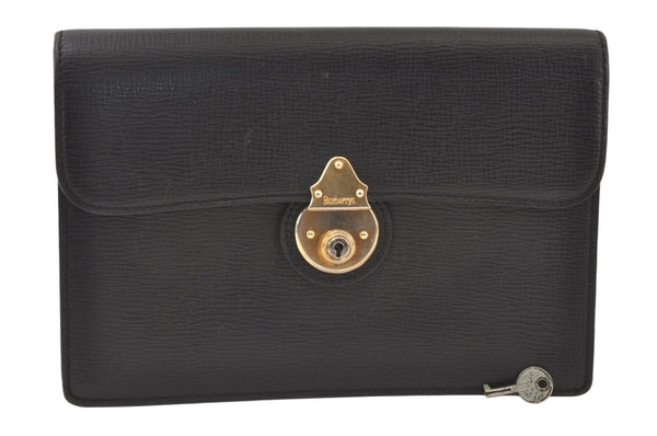 Authentic Burberrys Vintage Leather Clutch Hand Bag Purse Black 9743J