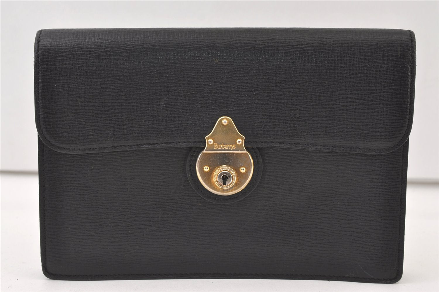 Authentic Burberrys Vintage Leather Clutch Hand Bag Purse Black 9743J