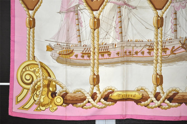 Authentic HERMES Carre 90 Scarf "Tribord" Silk Pink 9749J