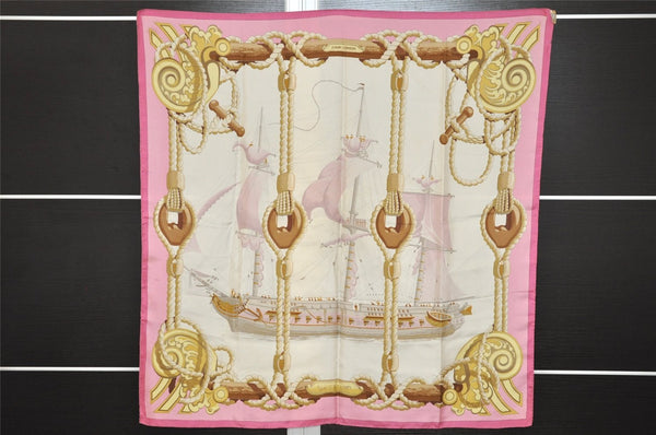 Authentic HERMES Carre 90 Scarf "Tribord" Silk Pink 9749J