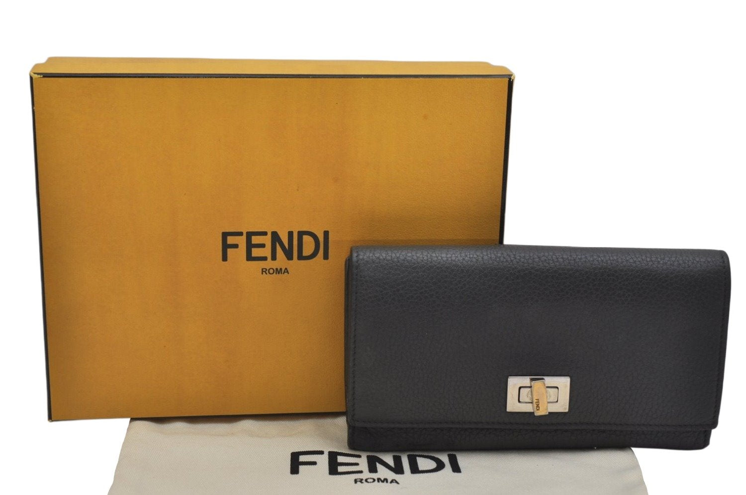 Authentic FENDI Peeka Boo Long Wallet Purse Leather Gray Box 9776J