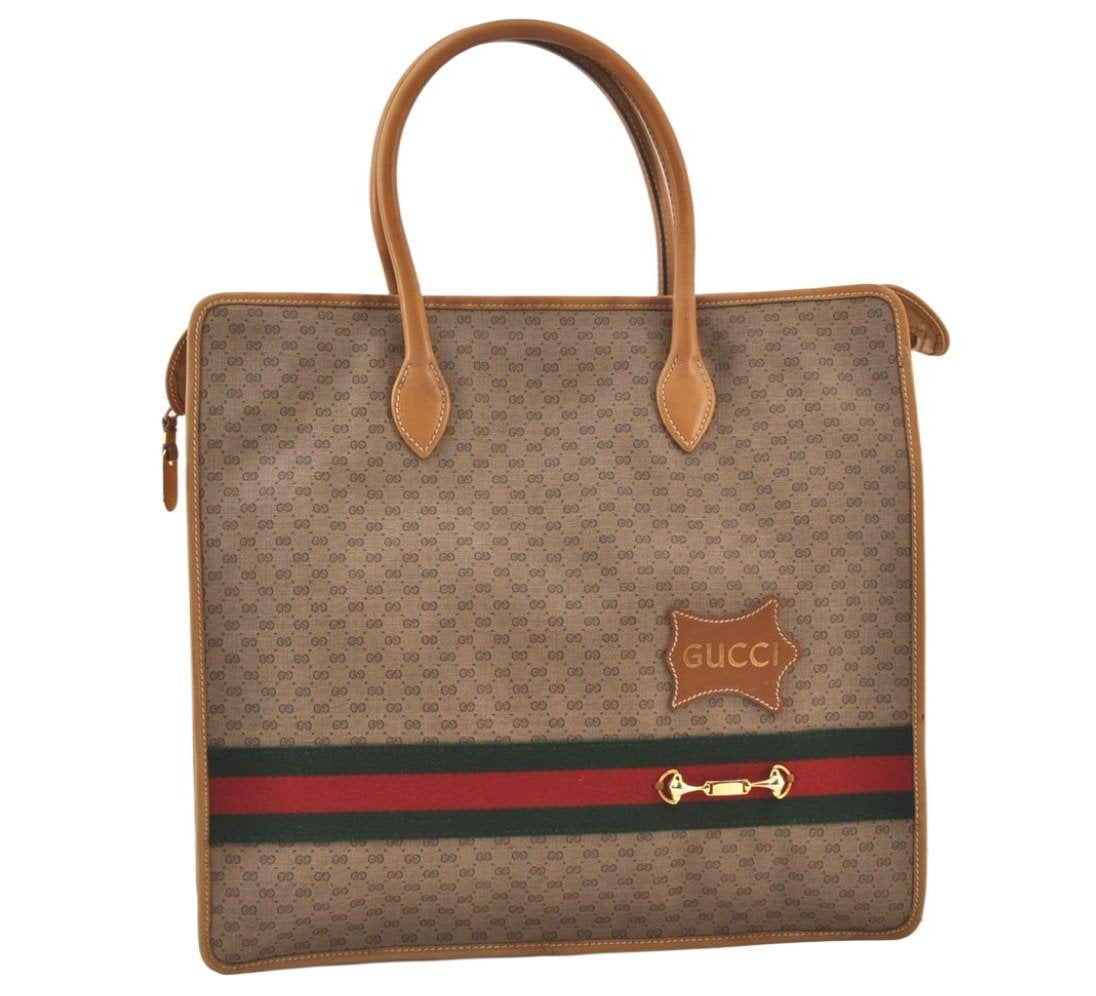Authentic GUCCI Web Sherry Line Micro GG PVC Leather Tote Hand Bag Brown 9782J