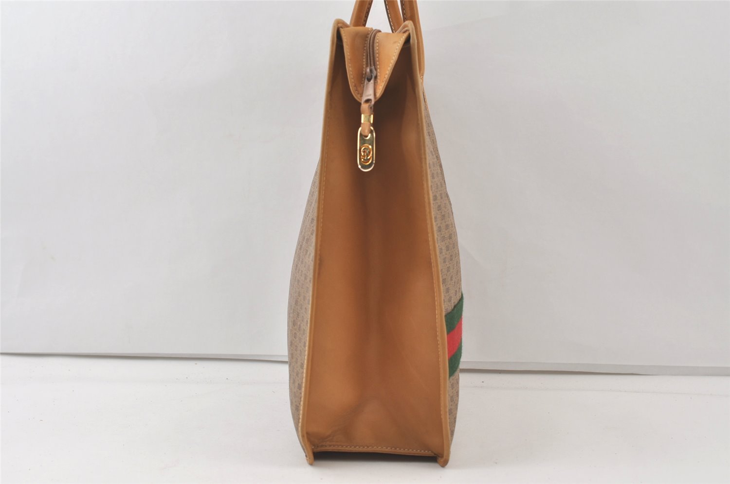 Authentic GUCCI Web Sherry Line Micro GG PVC Leather Tote Hand Bag Brown 9782J