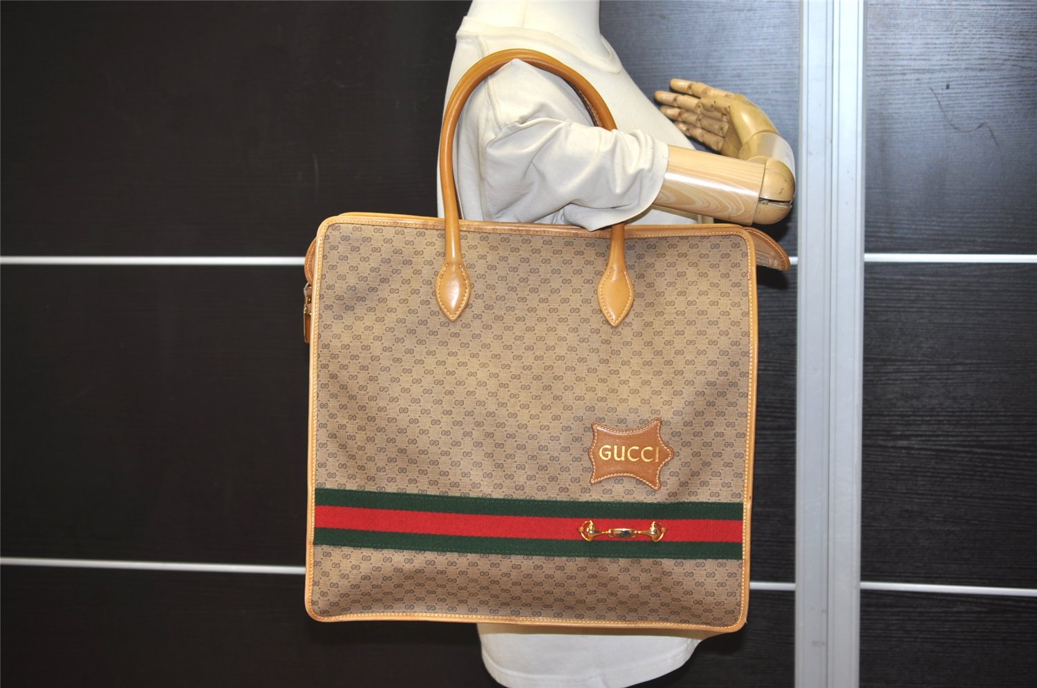 Authentic GUCCI Web Sherry Line Micro GG PVC Leather Tote Hand Bag Brown 9782J