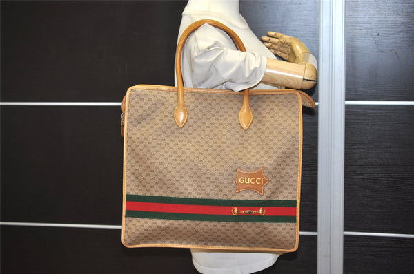 Authentic GUCCI Web Sherry Line Micro GG PVC Leather Tote Hand Bag Brown 9782J