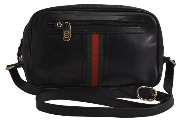 Authentic GUCCI Web Sherry Line Shoulder Cross Body Bag Leather Black 9802J