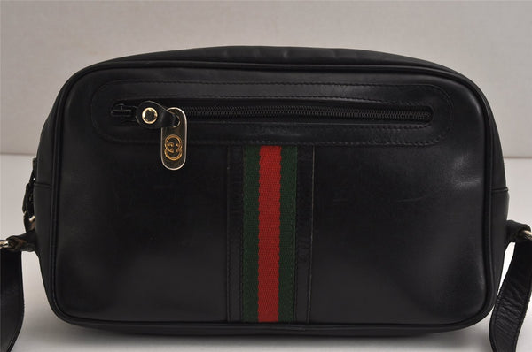 Authentic GUCCI Web Sherry Line Shoulder Cross Body Bag Leather Black 9802J