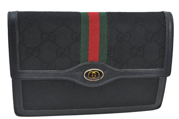 Authentic GUCCI Web Sherry Line Pouch Purse GG Canvas Leather Black 9810F