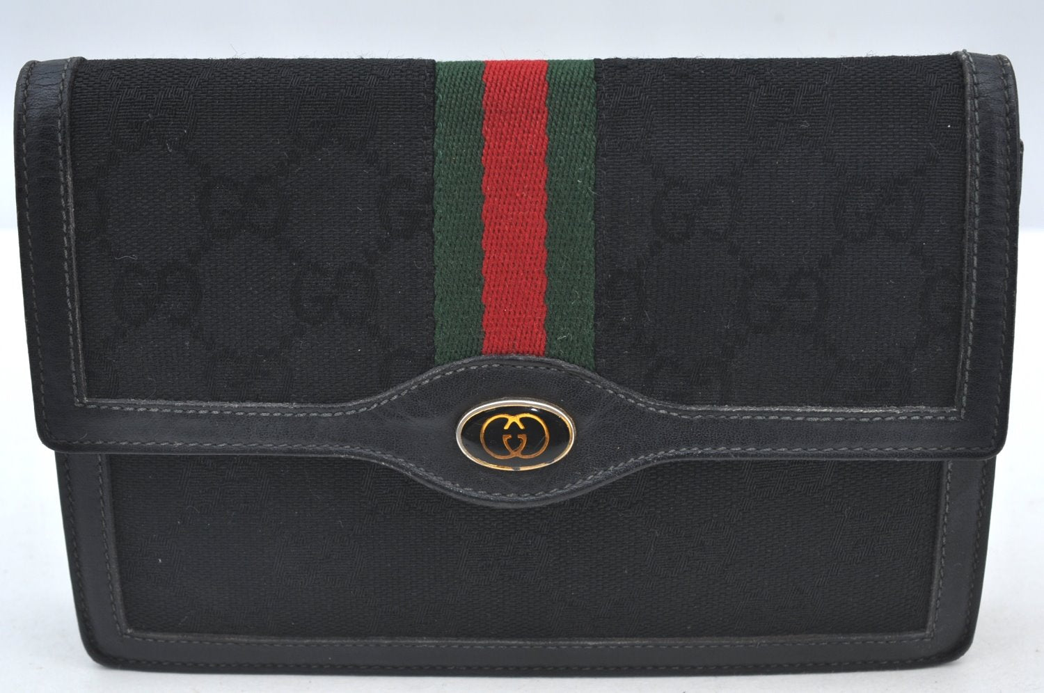 Authentic GUCCI Web Sherry Line Pouch Purse GG Canvas Leather Black 9810F