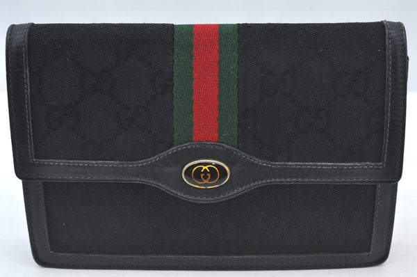 Authentic GUCCI Web Sherry Line Pouch Purse GG Canvas Leather Black 9810F