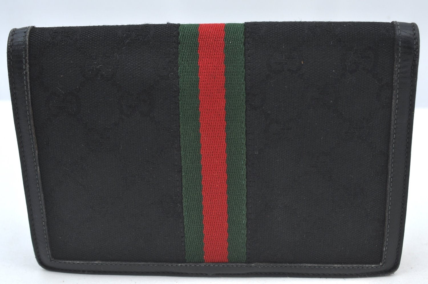 Authentic GUCCI Web Sherry Line Pouch Purse GG Canvas Leather Black 9810F