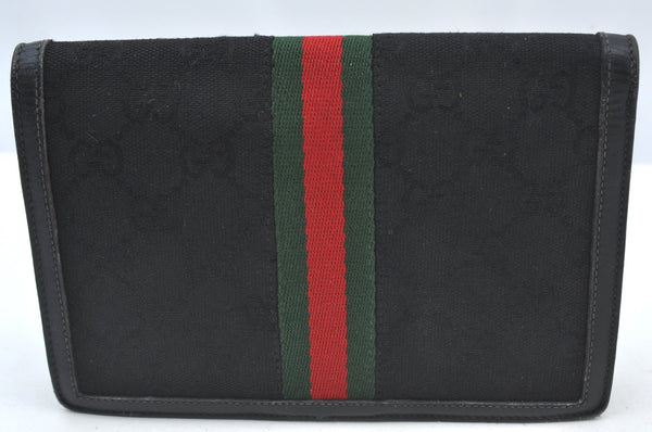 Authentic GUCCI Web Sherry Line Pouch Purse GG Canvas Leather Black 9810F